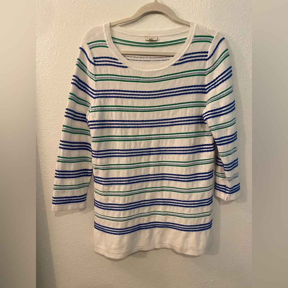 Talbots‎ White Sweater with Blue and Green Stripes size small cotton